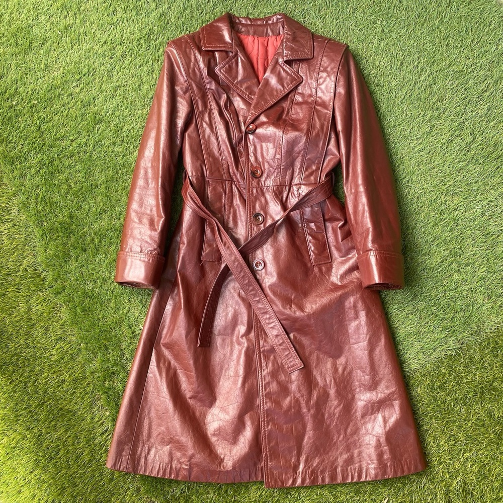 Vintage Burgundy Leather Trench Coat with Tie waist